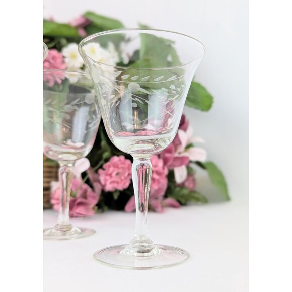 Set of 4 Etched Crystal Cocktail Glasses Dot & Swag Vintage 1940s Willow Moon - Picture 4 of 8